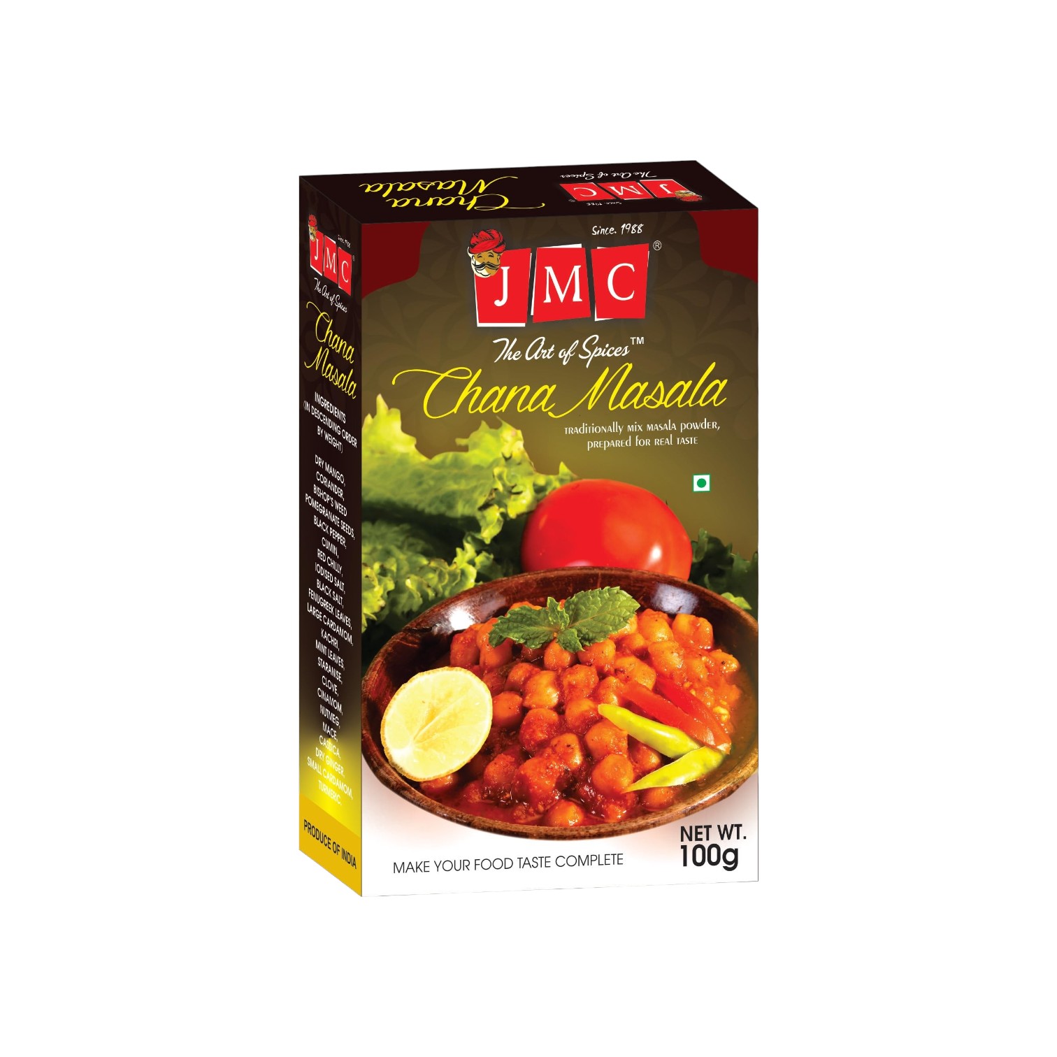 Jmc chana masala 100g box front side